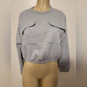 Julie and Joy Pullover Large Grey Sweatshirt Top Cropped Double Breasted Pocket